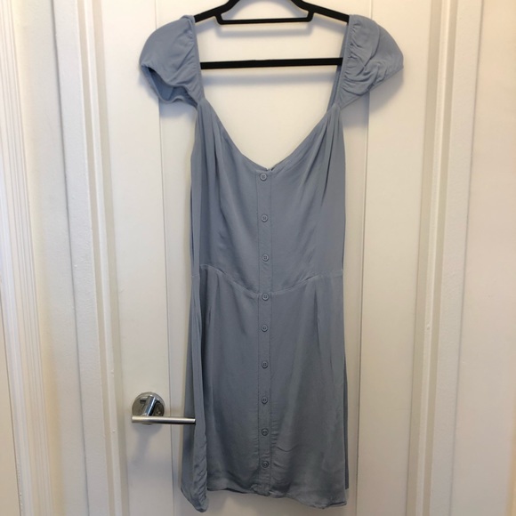 Reformation Sunset Light Blue Iris Peasant Off the Shoulder Mini Dress 12 - Picture 3 of 9